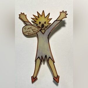 Vtg '93 Quirky Artsy Character Brooch w/Speech Bubble Lapel Pin Plastic Signed